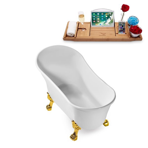 Streamline 28W x 59L Glossy White Acrylic Clawfoot Bathtub with Polished Gold Feet and Reversible Drain with Tray