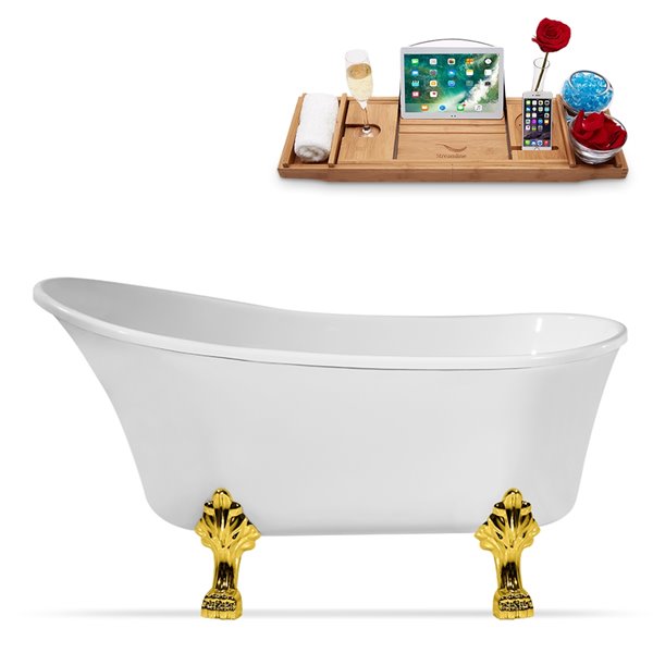 Streamline 28W x 59L Glossy White Acrylic Clawfoot Bathtub with Polished Gold Feet and Reversible Drain with Tray