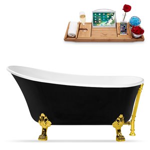 Streamline 32W x 67L Glossy Black Acrylic Clawfoot Bathtub with Polished Gold Feet and Reversible Drain with Tray