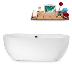 Baignoire en acrylique blanc lustré Streamline de 30 po x 67 po avec drain centré chrome poli et plateau