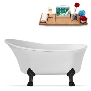 Streamline 28W x 63L Glossy White Acrylic Clawfoot Bathtub with Matte Black Feet and Reversible Drain with Tray