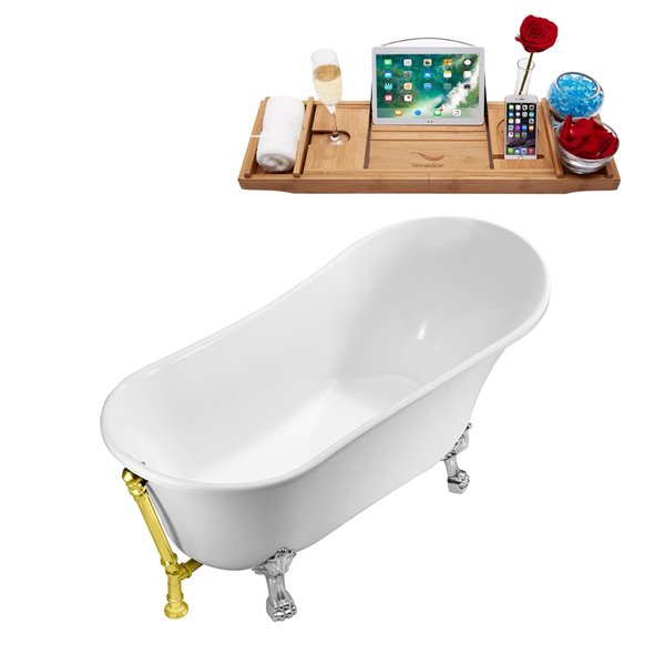 Streamline 27W x 55L Glossy White Acrylic Clawfoot Bathtub with Polished Chrome Feet and Reversible Drain with Tray