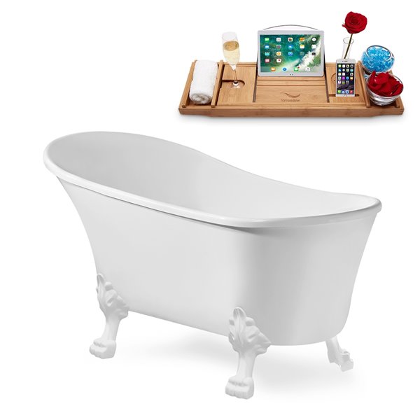 Streamline 27W x 55L Glossy White Acrylic Clawfoot Bathtub with Glossy White Feet and Reversible Drain with Tray