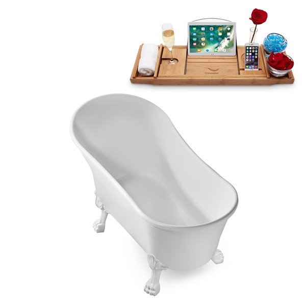 Streamline 27W x 55L Glossy White Acrylic Clawfoot Bathtub with Glossy White Feet and Reversible Drain with Tray