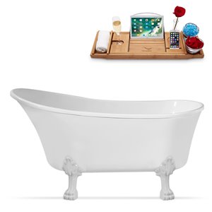 Streamline 27W x 55L Glossy White Acrylic Clawfoot Bathtub with Glossy White Feet and Reversible Drain with Tray