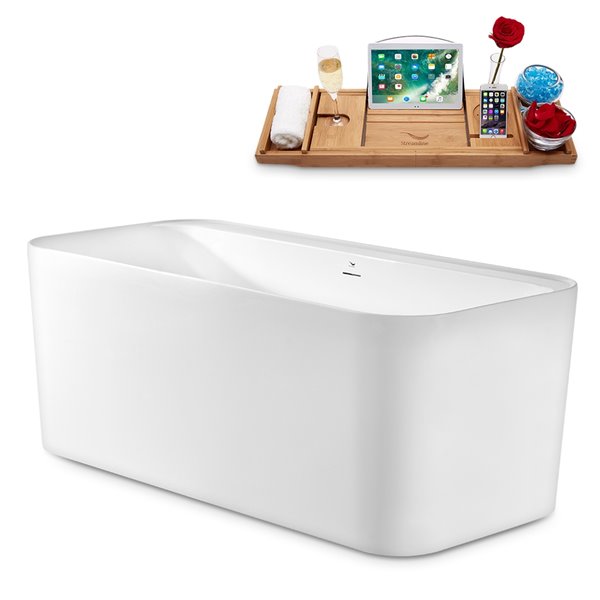 Streamline 29W x 59L Glossy White Acrylic Bathtub and a Polished Chrome Center Drain with Tray