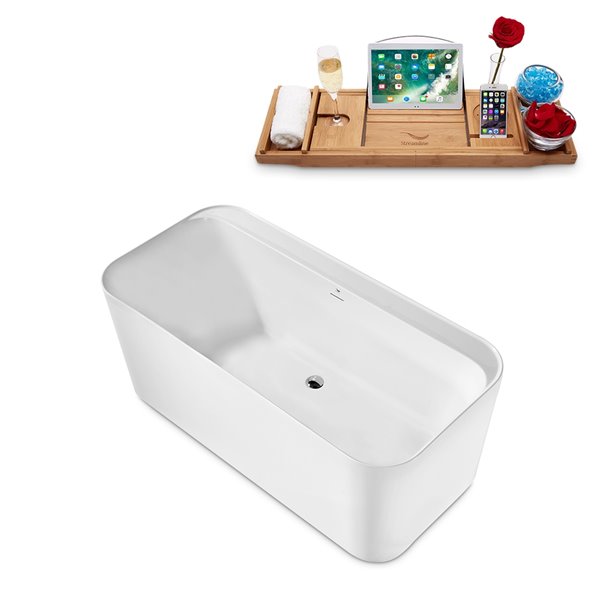 Streamline 29W x 59L Glossy White Acrylic Bathtub and a Polished Chrome Center Drain with Tray