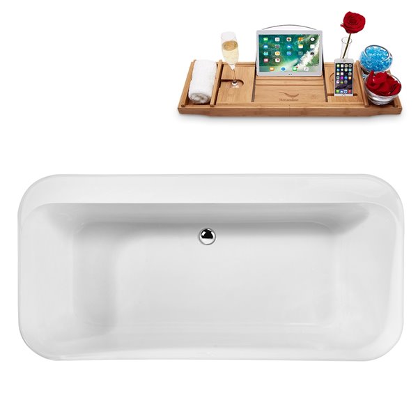 Streamline 29W x 59L Glossy White Acrylic Bathtub and a Polished Chrome Center Drain with Tray