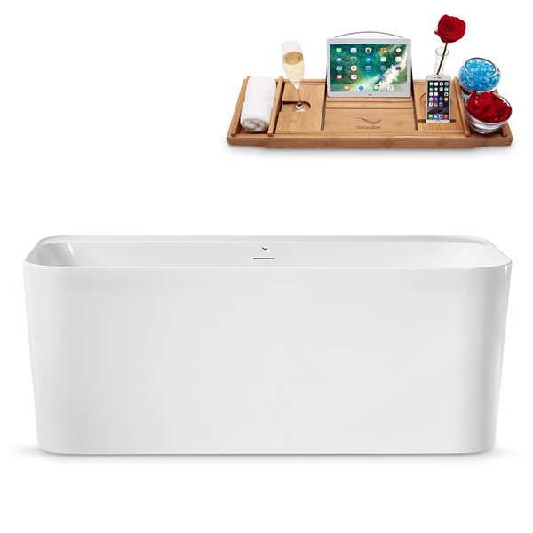 Streamline 29W x 59L Glossy White Acrylic Bathtub and a Polished Chrome Center Drain with Tray