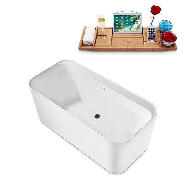 Streamline 29W x 59L Glossy White Acrylic Bathtub and a Matte Black Center Drain with Tray