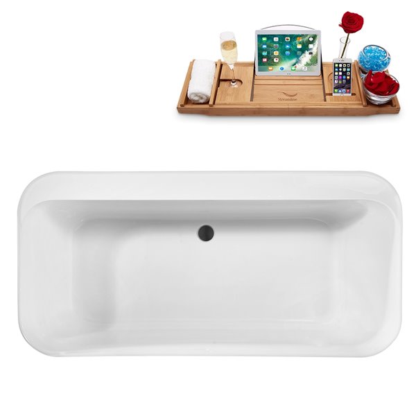 Streamline 29W x 59L Glossy White Acrylic Bathtub and a Matte Black Center Drain with Tray