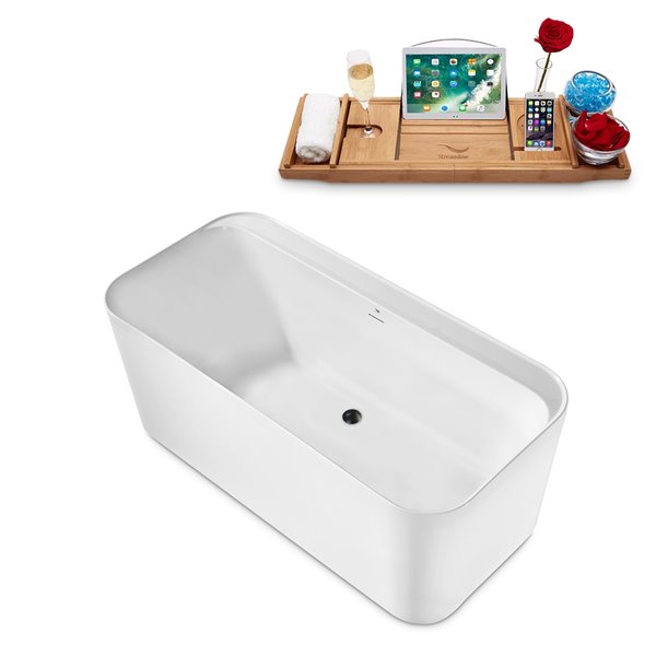 Baignoire en acrylique blanc lustré Streamline de 29 po x 59 po avec drain centré blanc lustré et plateau