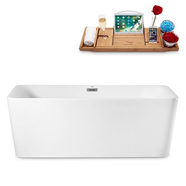 Streamline 30W x 63L Glossy White Acrylic Bathtub and a Polished Chrome Center Drain with Tray