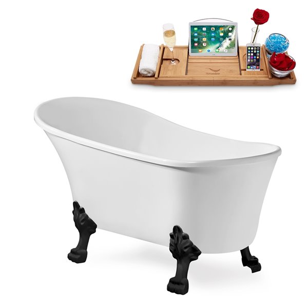 Streamline 32W x 67L Glossy White Acrylic Clawfoot Bathtub with Matte Black Feet and Reversible Drain with Tray