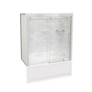 MAAX Utile 60-in x 30-in x 81-in Brushed Nickel and Marble Carrara Bathtub Shower Kit with Right Drain - 5-Piece