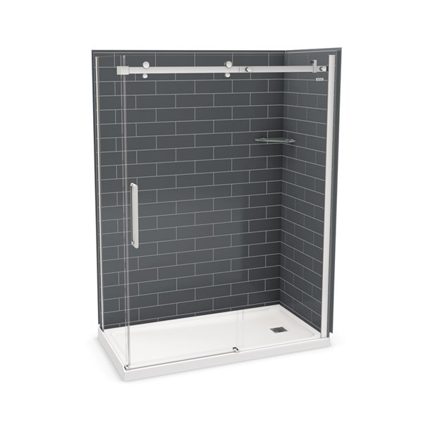 Ensemble de douche en coin Utile par MAAX chrome et gris foudre de 60 po x 32 po x 84 po avec drain à droite, 5 pièces