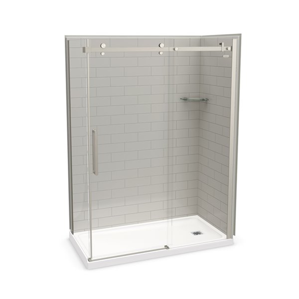 Ensemble de douche en coin Utile par MAAX gris doux et nickel brossé de 60 po x 32 po x 84 po, drain à droite, 5 pièces