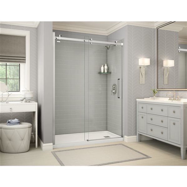 MAAX Utile 60-in x 32-in Soft Grey and Chrome Alcove Shower Kit with Right Drain - 5-Piece