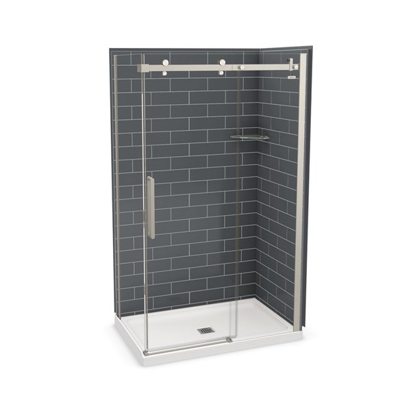 Ensemble de douche en coin Utile de MAAX gris foudre et nickel brossé 48 po x 32 po x 84 po avec drain central, 5 pièces