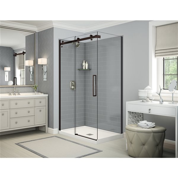 MAAX Utile 48-in x 32-in x 84-in Ash Grey and Dark Bronze Rectangular Corner Shower Kit with Centre Drain - 5-Piece