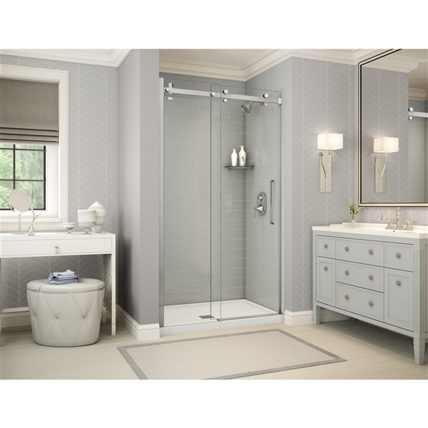 MAAX Utile 48-in x 32-in Soft Grey and Chrome Alcove Shower Kit with Centre Drain  - 5-Piece