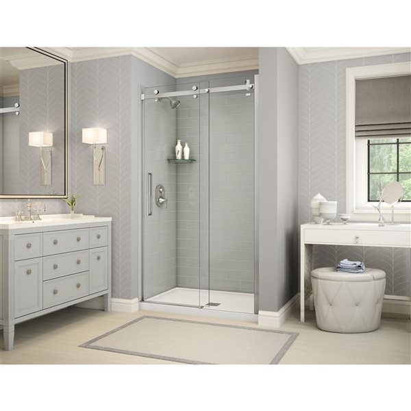 MAAX Utile 48-in x 32-in Soft Grey and Chrome Alcove Shower Kit with Centre Drain  - 5-Piece