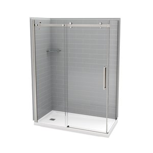 Ensemble de douche en coin Utile de MAAX gris cendre et nickel brossé de 60 po x 32 po x 84 po drain à gauche, 5 pièces