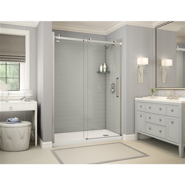 MAAX Utile 60-in x 32-in Soft Grey and Brushed Nickel Alcove Shower Kit with Right Drain - 5-Piece