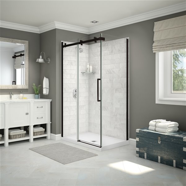 MAAX Utile 48-in x 32-in x 84-in Marble Carrara and Dark Bronze Corner Shower Kit with Centre Drain - 5-Piece