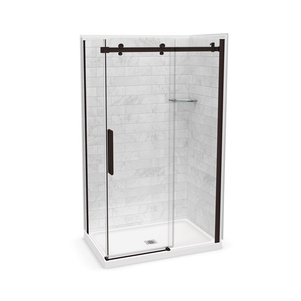 Ensemble de douche en coin Utile par MAAX marbre Carrara et bronze foncé 48 po x 32 po x 84 po drain central, 5 pièces