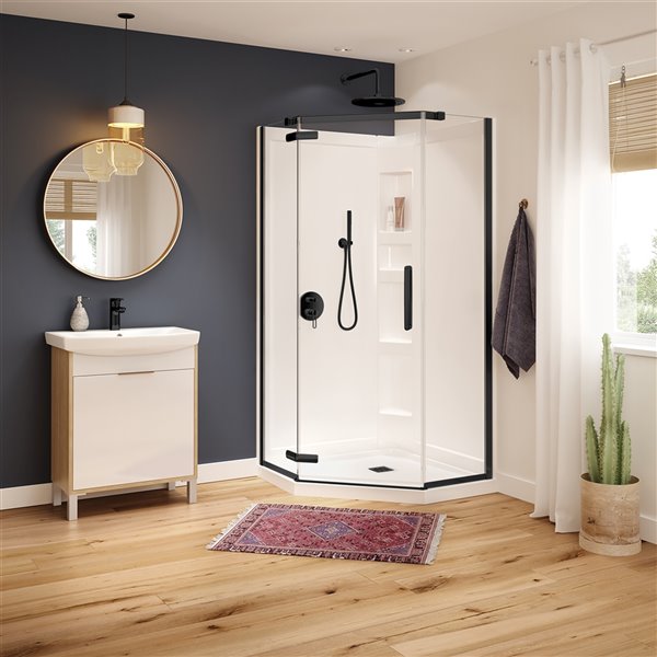 Ensemble de douche en coin Hana par MAAX noir mat néo-angulaire de 40 po x 40 po x 78,75 po avec drain central, 3 pièces