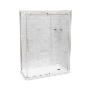 Ensemble de douche en coin Utile de MAAX marbre Carrara et nickel brossé 60 po x 32 po x 84 po drain à droite, 5 pièces