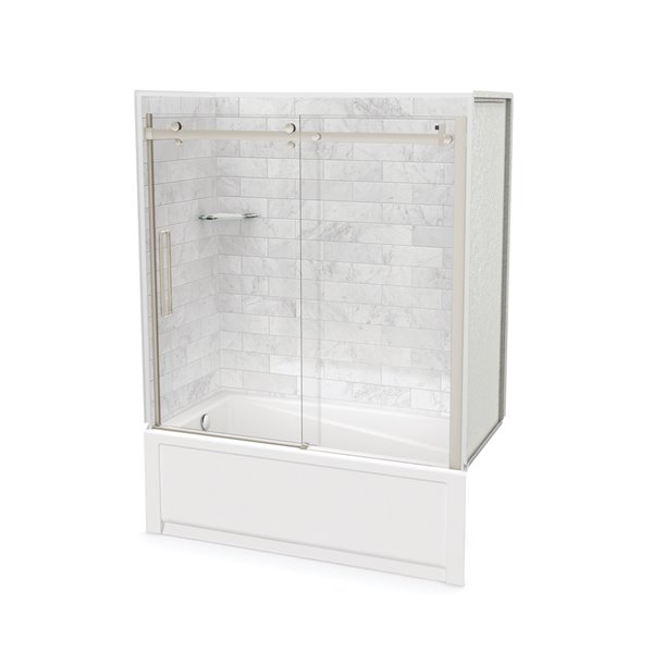 Ensemble de bain-douche Utile par MAAX marbre Carrara et nickel brossé 60 po x 30 po x 81 po drain à gauche, 5 pièces