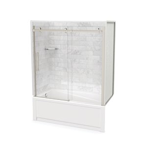 MAAX Utile 60-in x 30-in x 81-in Marble Carrara and Brushed Nickel Bathtub Shower Kit with Left Drain - 5-Piece