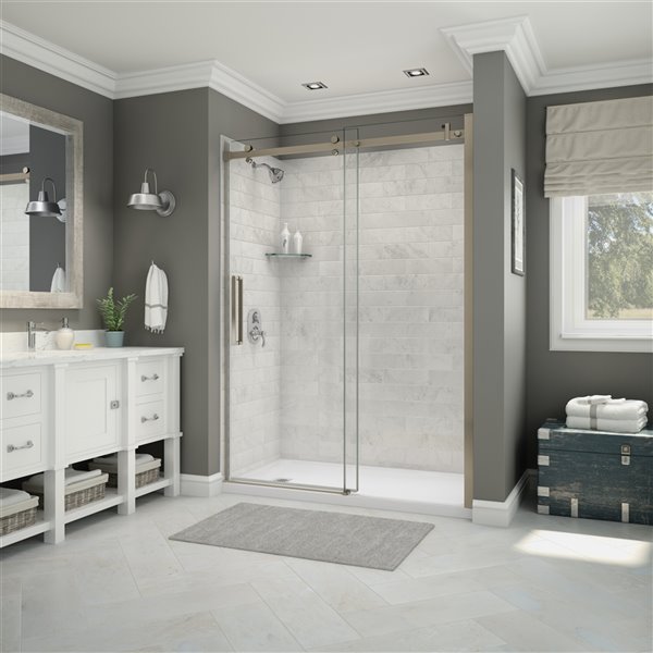 MAAX Utile Marble Carrara and Brushed Nickel Alcove Shower Kit with Left Drain 60-in x 32-in 5-Piece