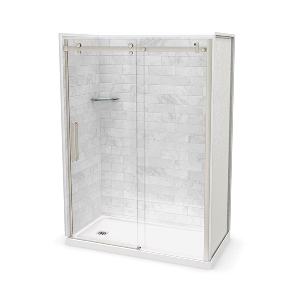 Ensemble de douche en alcôve Utile MAAX marbre Carrara nickel brossé 60 po x 32 po drain à gauche, 5 pièces