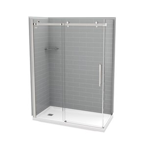 Ensemble de douche en coin Utile par MAAX gris cendre et chrome de 60 po x 32 po x 84 po avec drain à gauche, 5 pièces