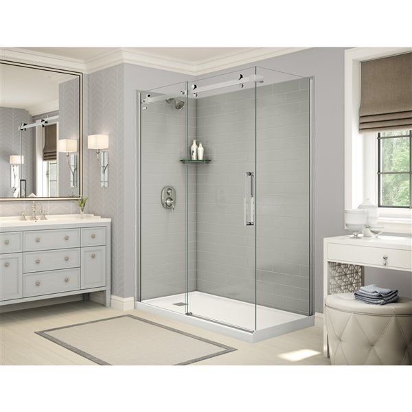 MAAX Utile 60-in x 32-in x 84-in Soft Grey and Chrome Corner Shower Kit with Left Drain - 5-Piece