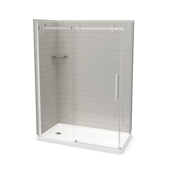 Ensemble de douche en coin Utile par MAAX gris doux et chrome de 60 po x 32 po x 84 po avec drain à gauche, 5 pièces