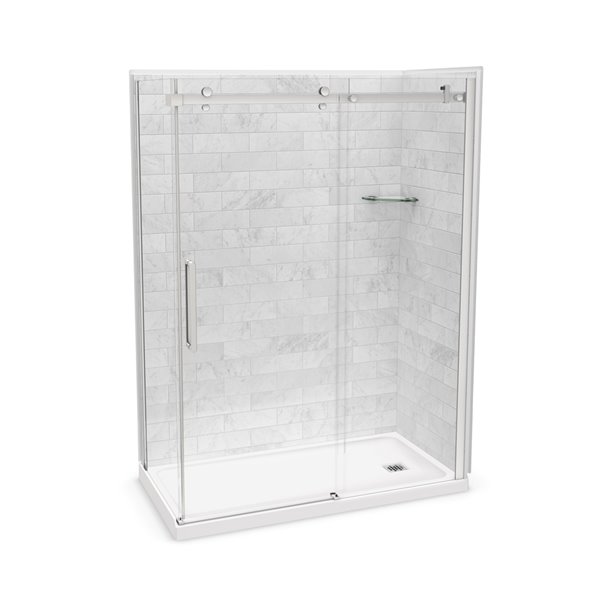 Ensemble de douche en coin Utile par MAAX marbre Carrara et chrome 60 po x 32 po x 84 po avec drain à droite, 5 pièces