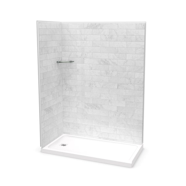 Ens. de douche en coin Utile par MAAX avec drain à gauche, 60 po x 32 po x 84 po, Marbre Carrara, 3 pièces