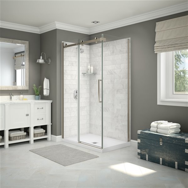 MAAX Utile 48-in x 32-in x 84-in Marble Carrara and Brushed Nickel Corner Shower Kit with Centre Drain - 5-Piece