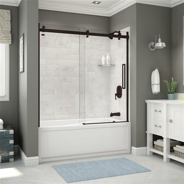 MAAX Utile 60-in x 30-in x 81-in Marble Carrara and Dark Bronze Bathtub Shower Kit with Right Drain - 5-Piece