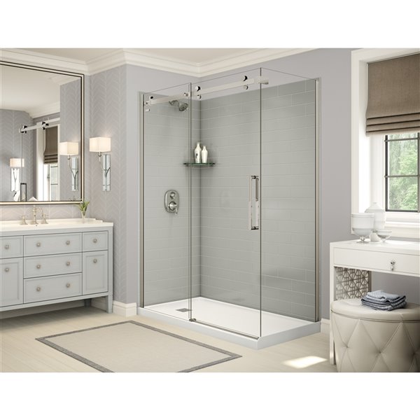 MAAX Utile 60-in x 32-in x 84-in Soft Grey and Brushed Nickel Corner Shower Kit with Left Drain - 5-Piece