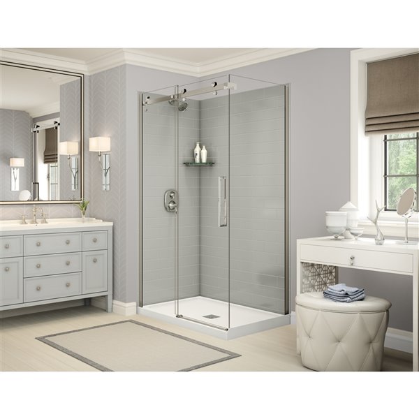 MAAX Utile 48-in x 32-in x 84-in Soft Grey and Brushed Nickel Corner Shower Kit with Centre Drain - 5-Piece