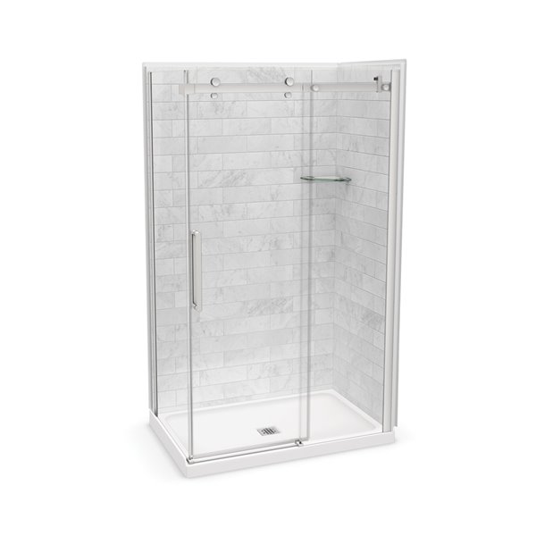 Charlotte Ensemble de douche 34 x 34 en acrylique avec drain central  blanche avec verre clair et fini chrome