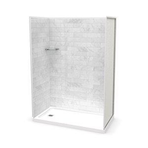 Ensemble de douche en alcôve Utile par MAAX marbre Carrara de 60 po x 32 po avec drain à gauche, 4 pièces