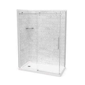 Ensemble de douche en coin Utile par MAAX marbre Carrara et chrome 60 po x 32 po x 84 po avec drain à gauche, 5 pièces