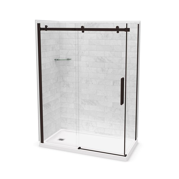 Ensemble de douche en coin Utile par MAAX marbre Carrara et bronze foncé 60 po x 32 po x 84 po, drain à gauche, 5 pièces