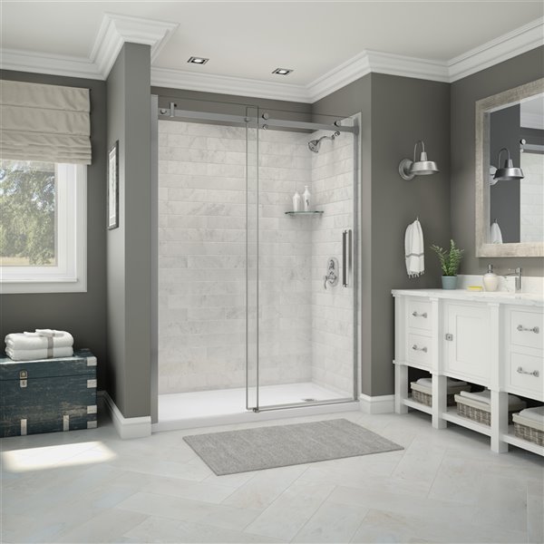 Maax Utile Alcove Shower Kit With Right Drain 60 In X 32 In Marble Carrara Chrome 5 Piece Rona